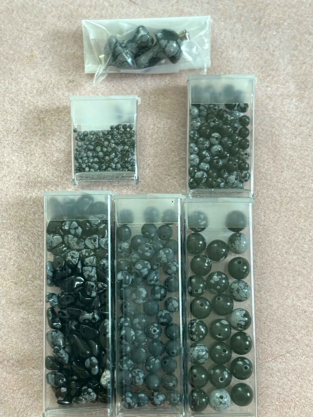 "Snowflake Obsidian" Double Gemstone Beads of the Month Club lot of 6 tube beads